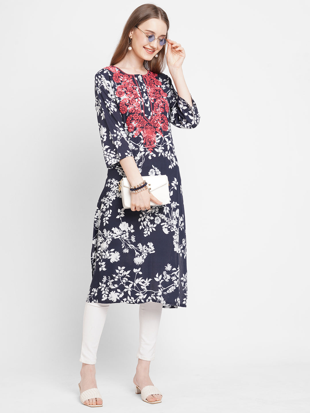 Navy Blue Embroidered Floral Viscose Kurta
