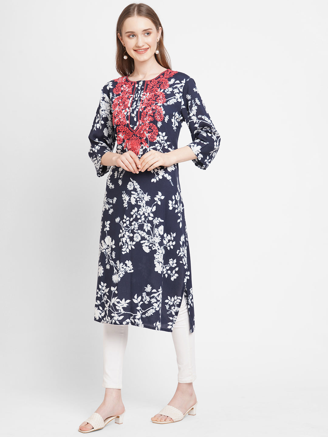 Navy Blue Embroidered Floral Viscose Kurta