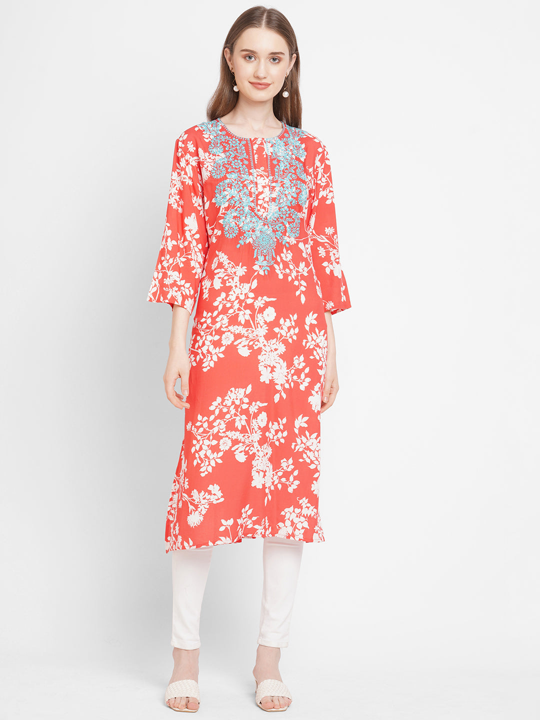 Red Embroidered Floral Viscose Kurta