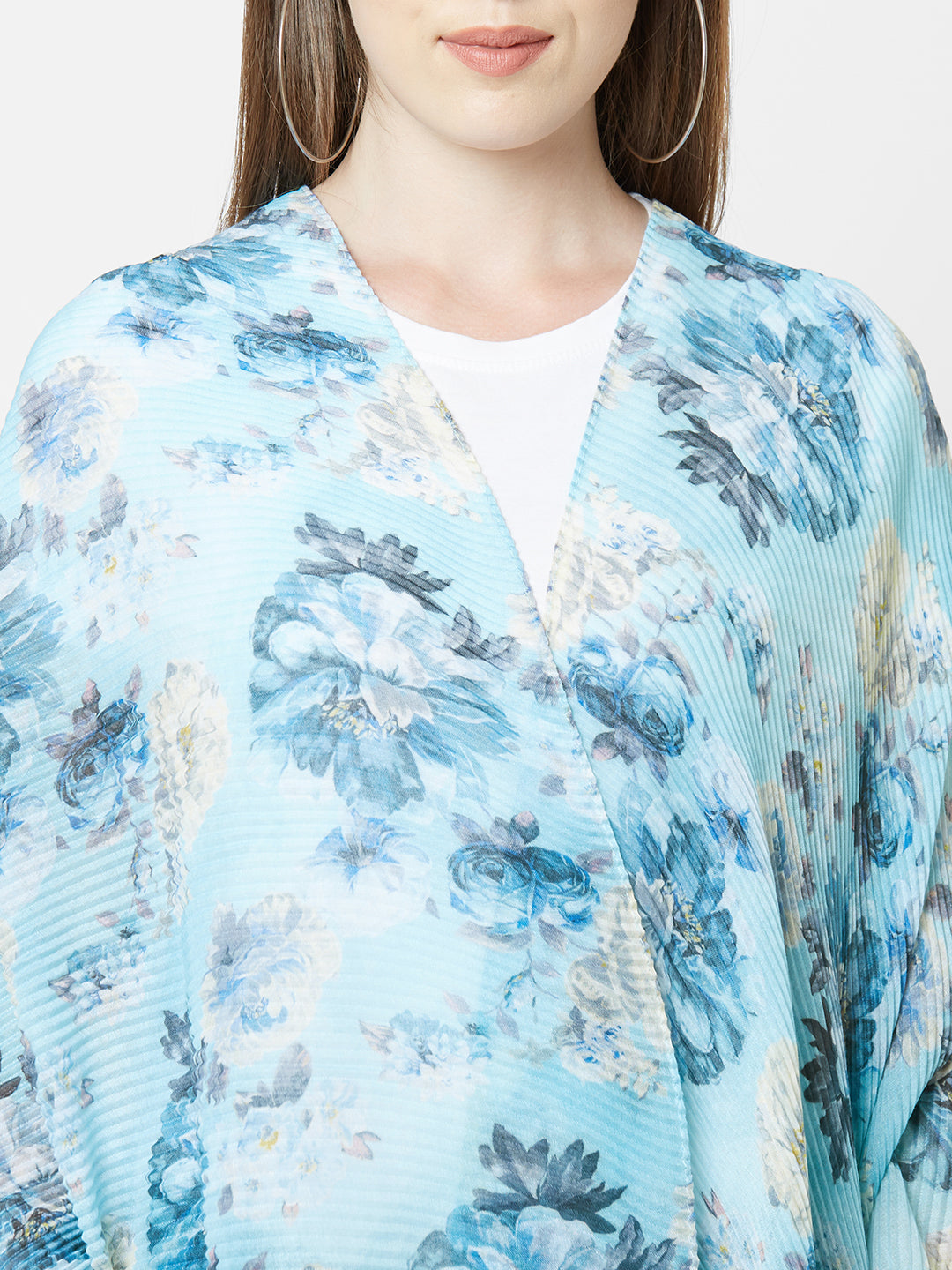 Blue Floral Printed Pleated Scarf