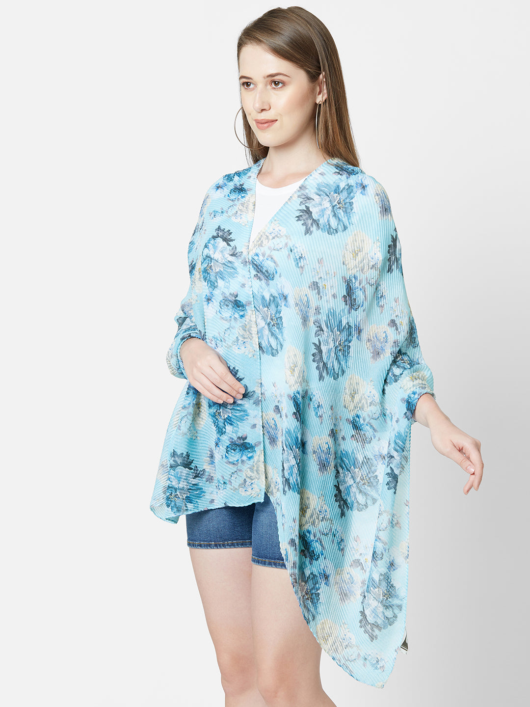 Blue Floral Printed Pleated Scarf