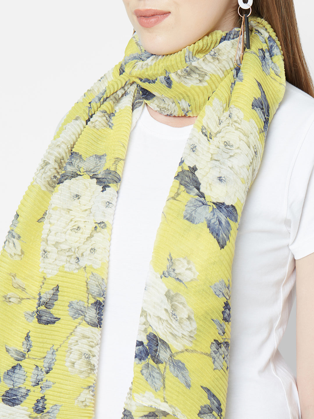 Yellow Floral Printed Pleated Scarf