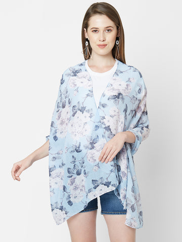 Sky Blue Floral Printed Pleated Scarf