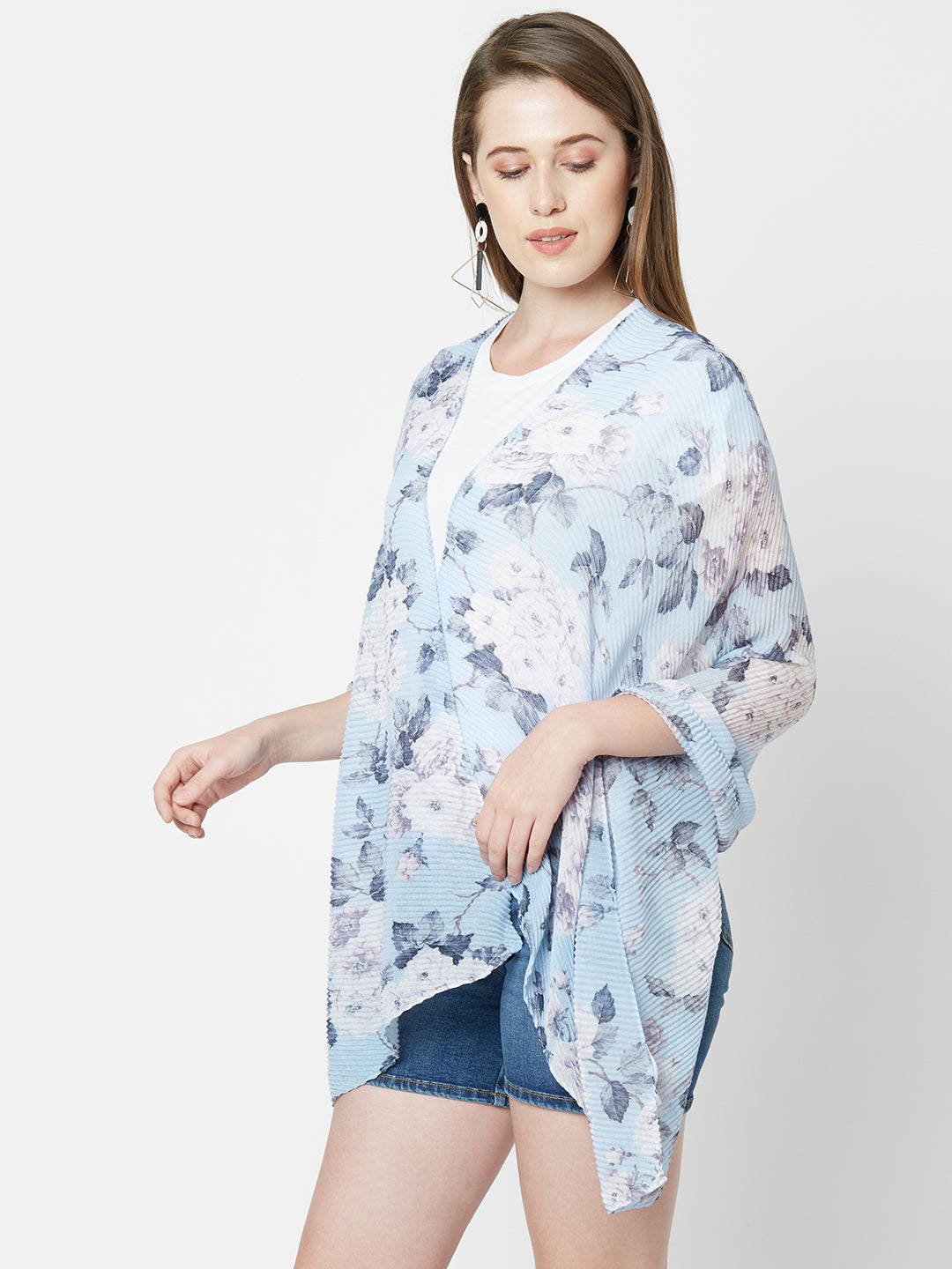 Sky Blue Floral Printed Pleated Scarf