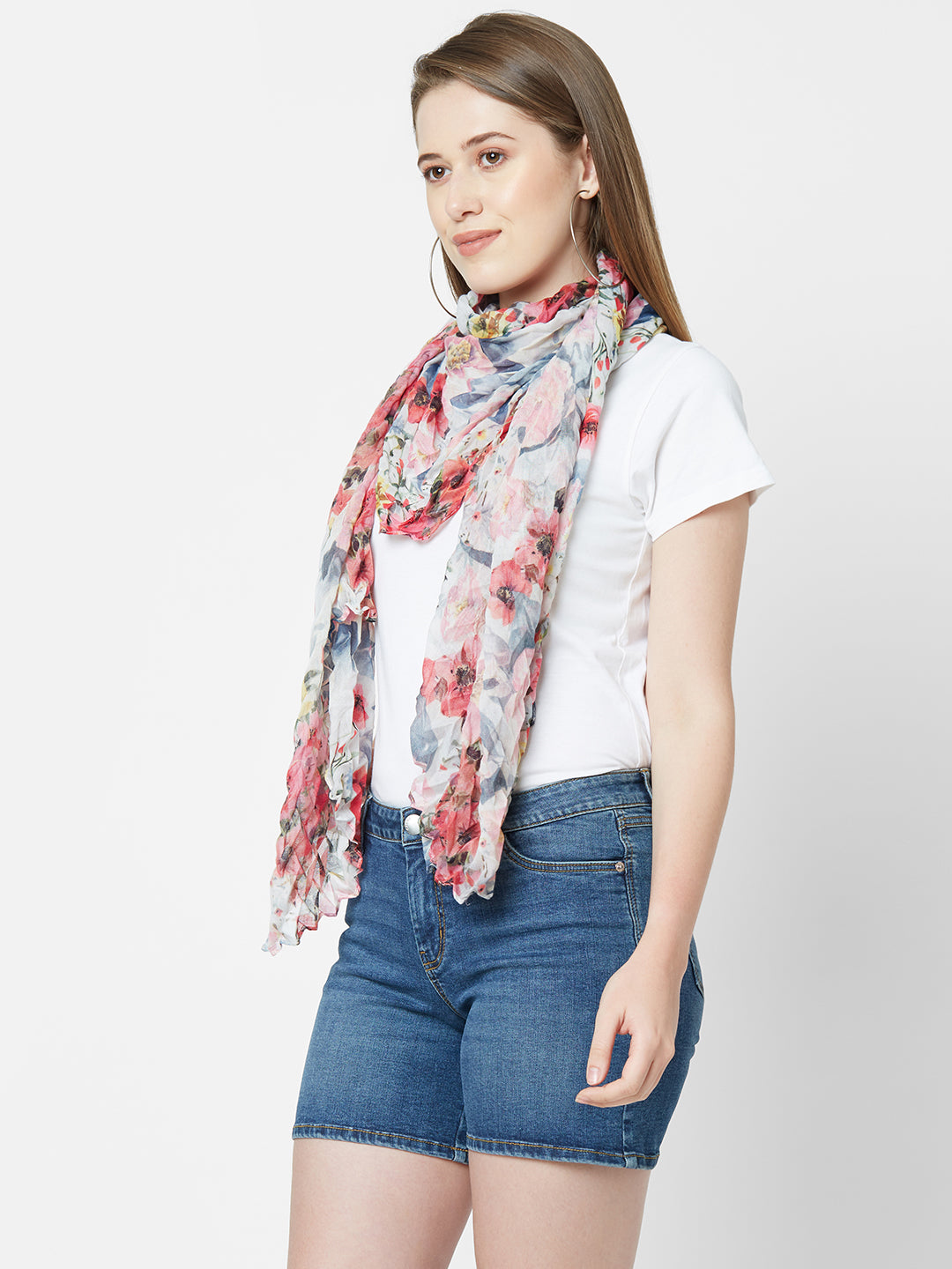 Cream Floral Printed Pleated Scarf