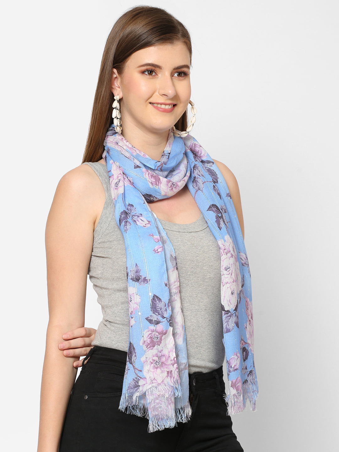 Blue Floral Sequins Printed Scarf