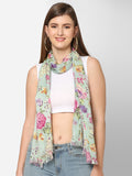 Teal Floral Printed Sequins Scarf