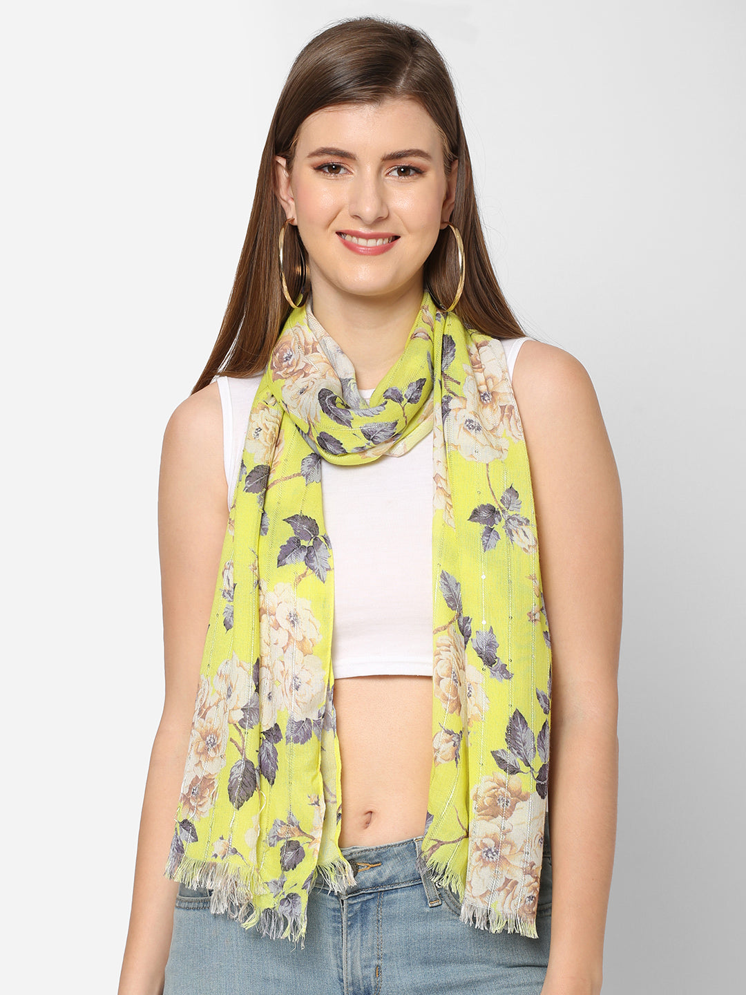 Yellow Floral Printed Sequins Scarf
