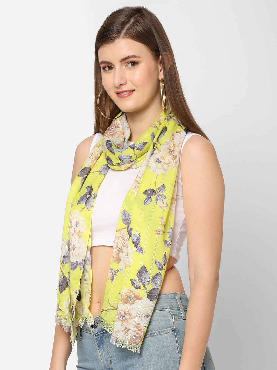 Yellow Floral Printed Sequins Scarf