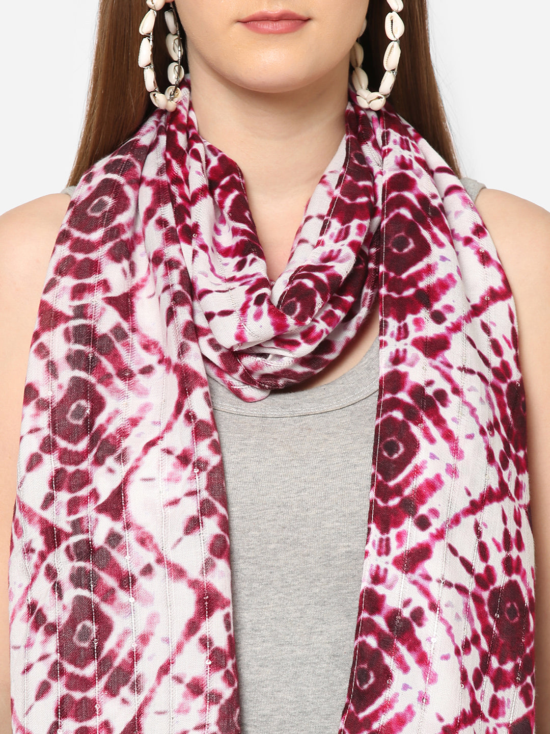 Wine Shibori Printed Sequins Scarf