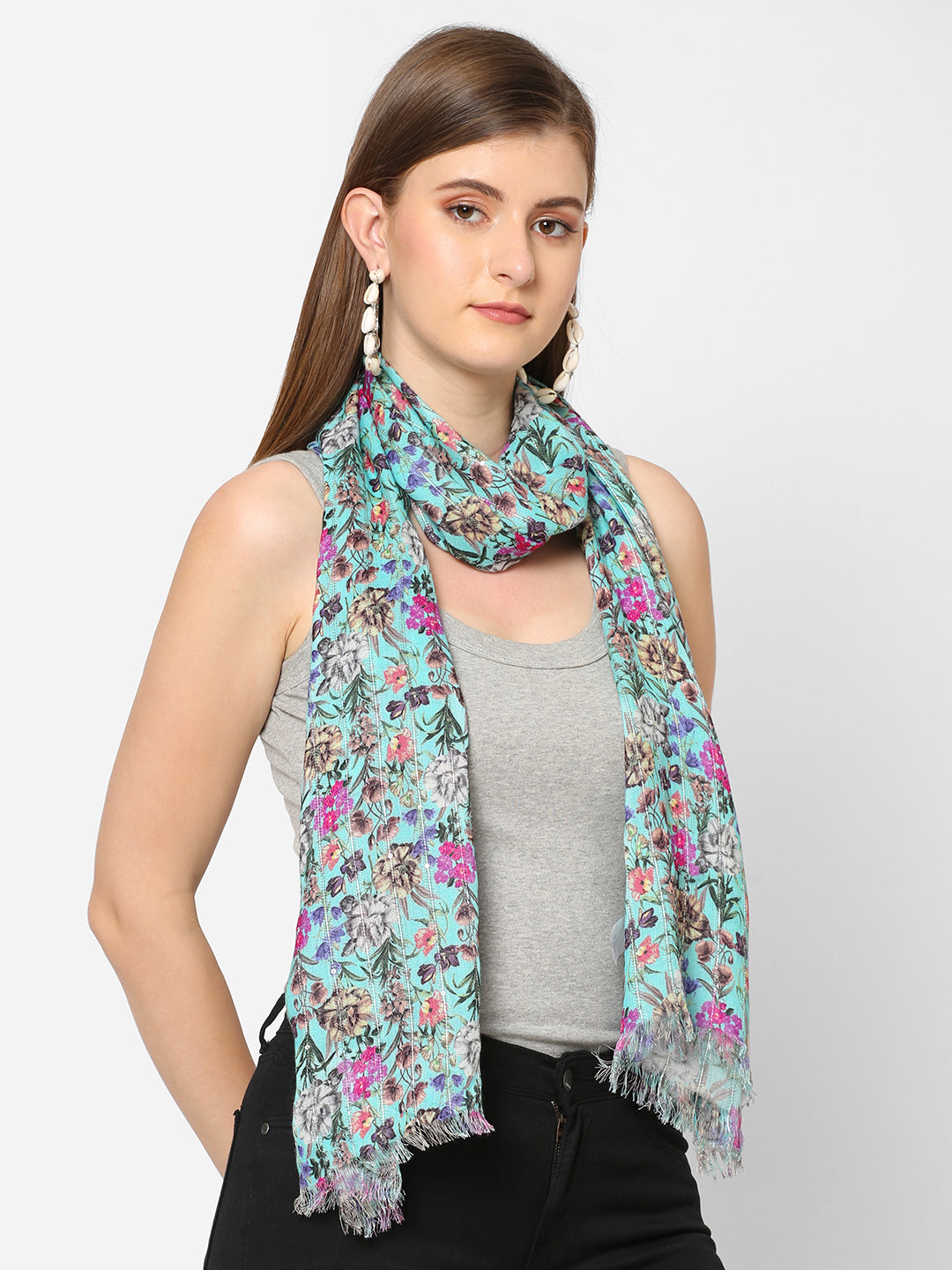 Green Floral Sequins Printed Scarf