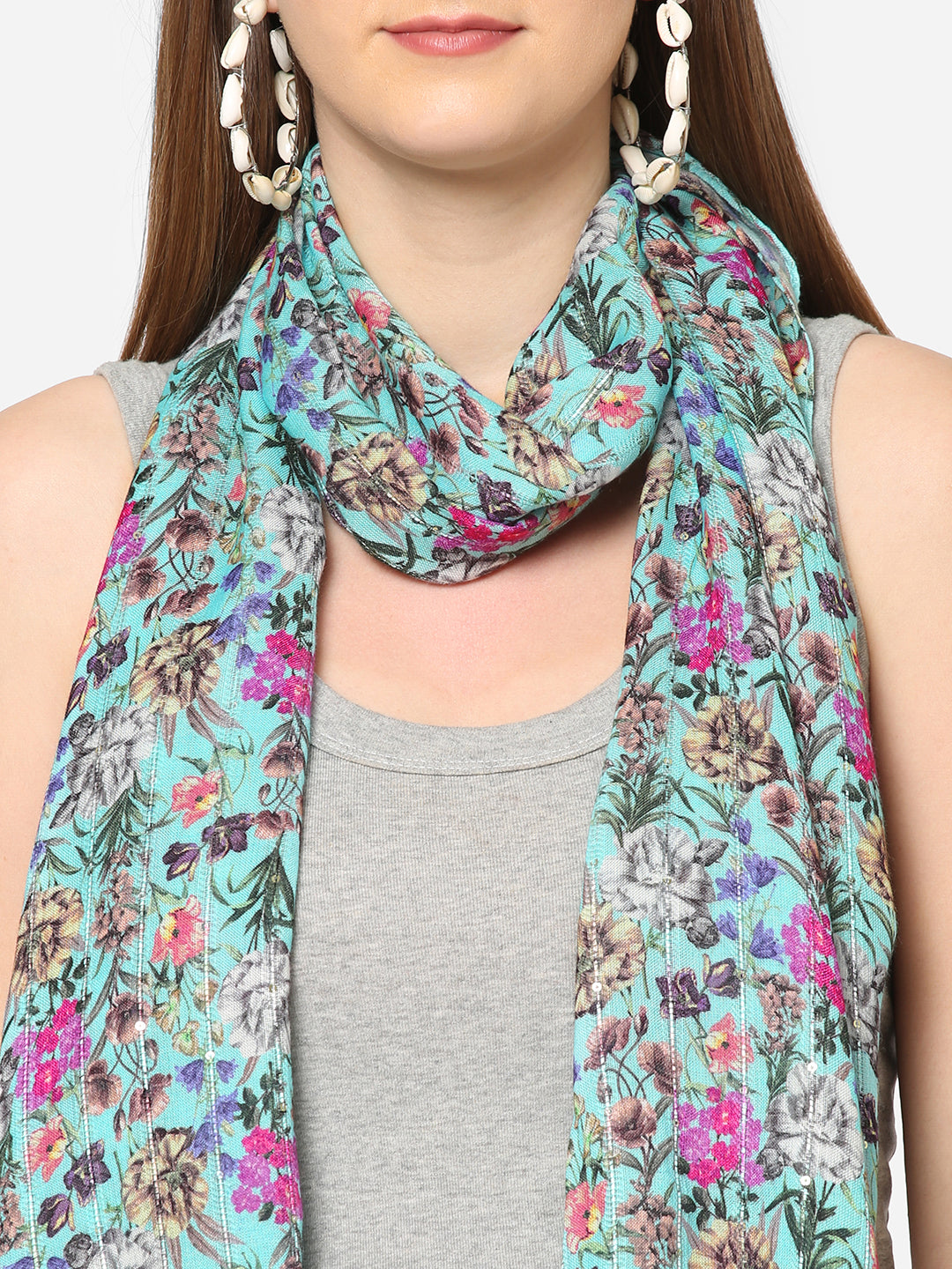 Green Floral Sequins Printed Scarf