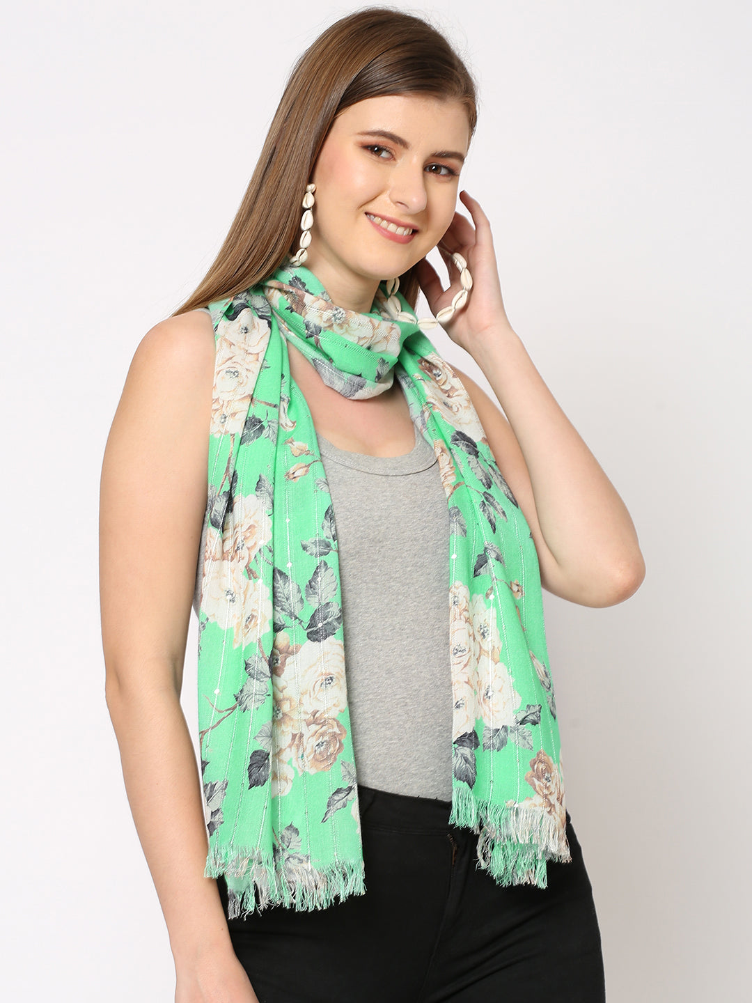 Green Floral Printed Sequins Scarf