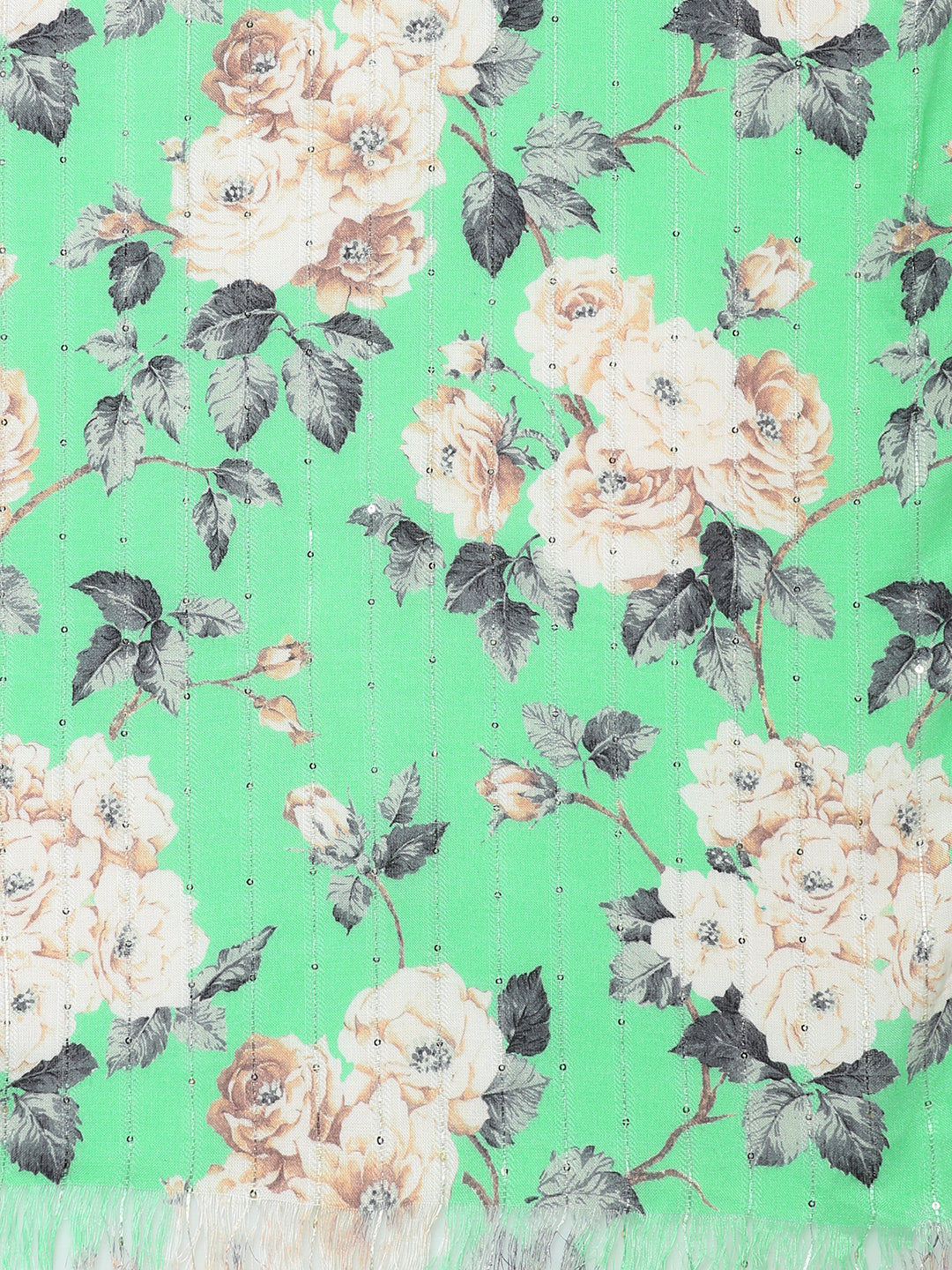 Green Floral Printed Sequins Scarf