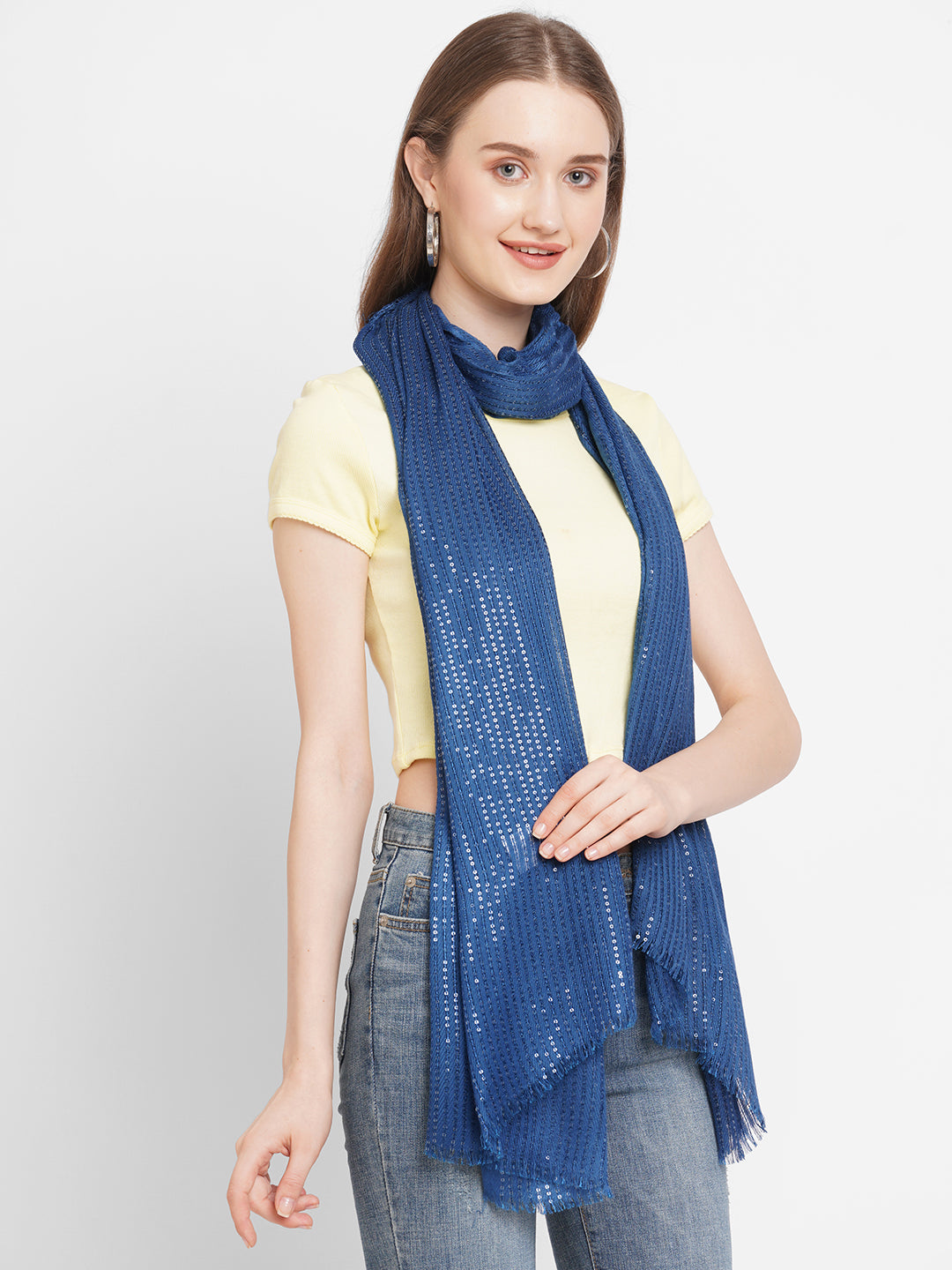 Blue Solid Sequins Printed Scarf
