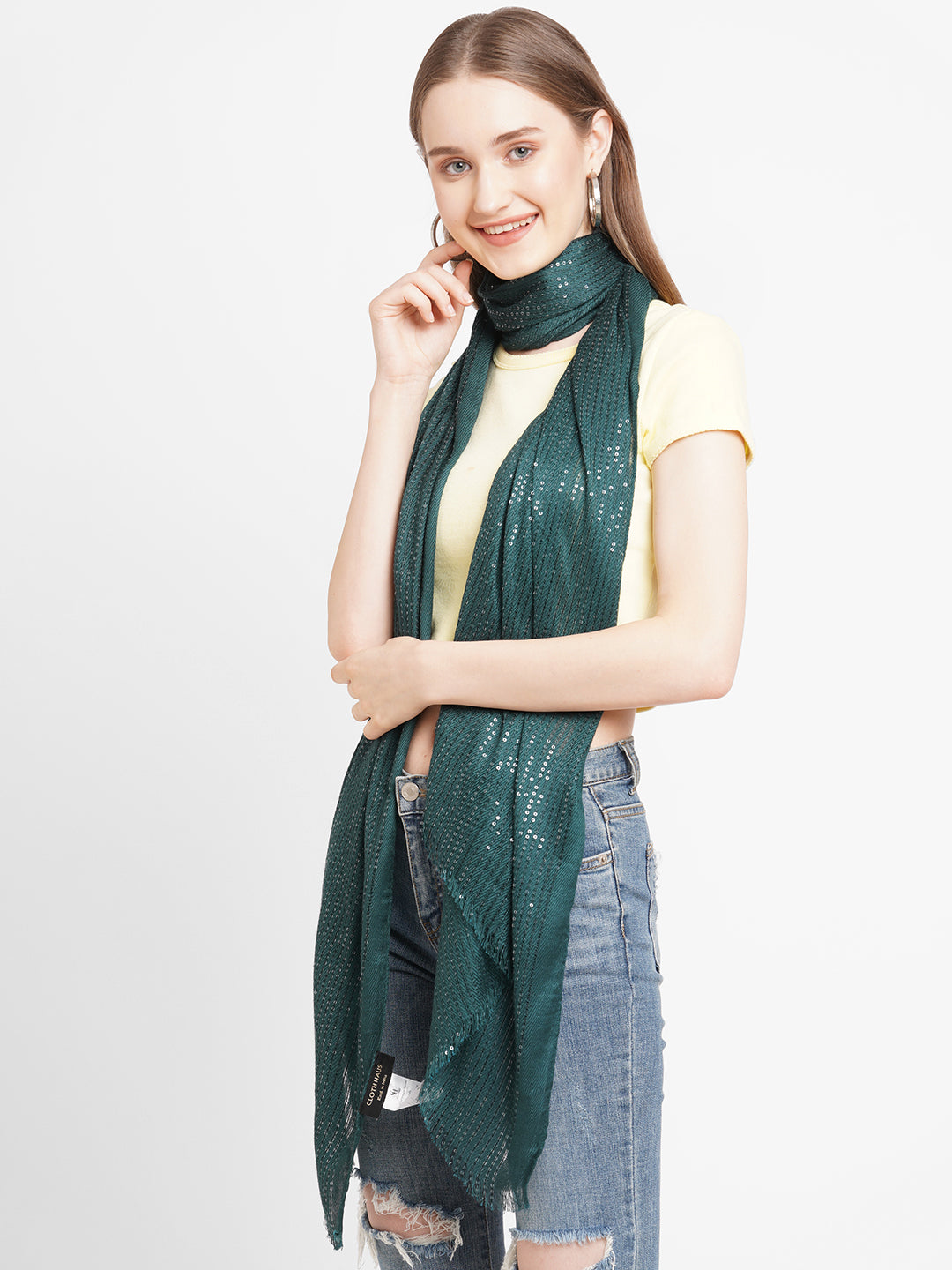 Green Solid Sequins Printed Scarf