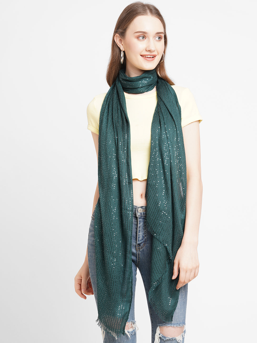 Green Solid Sequins Printed Scarf