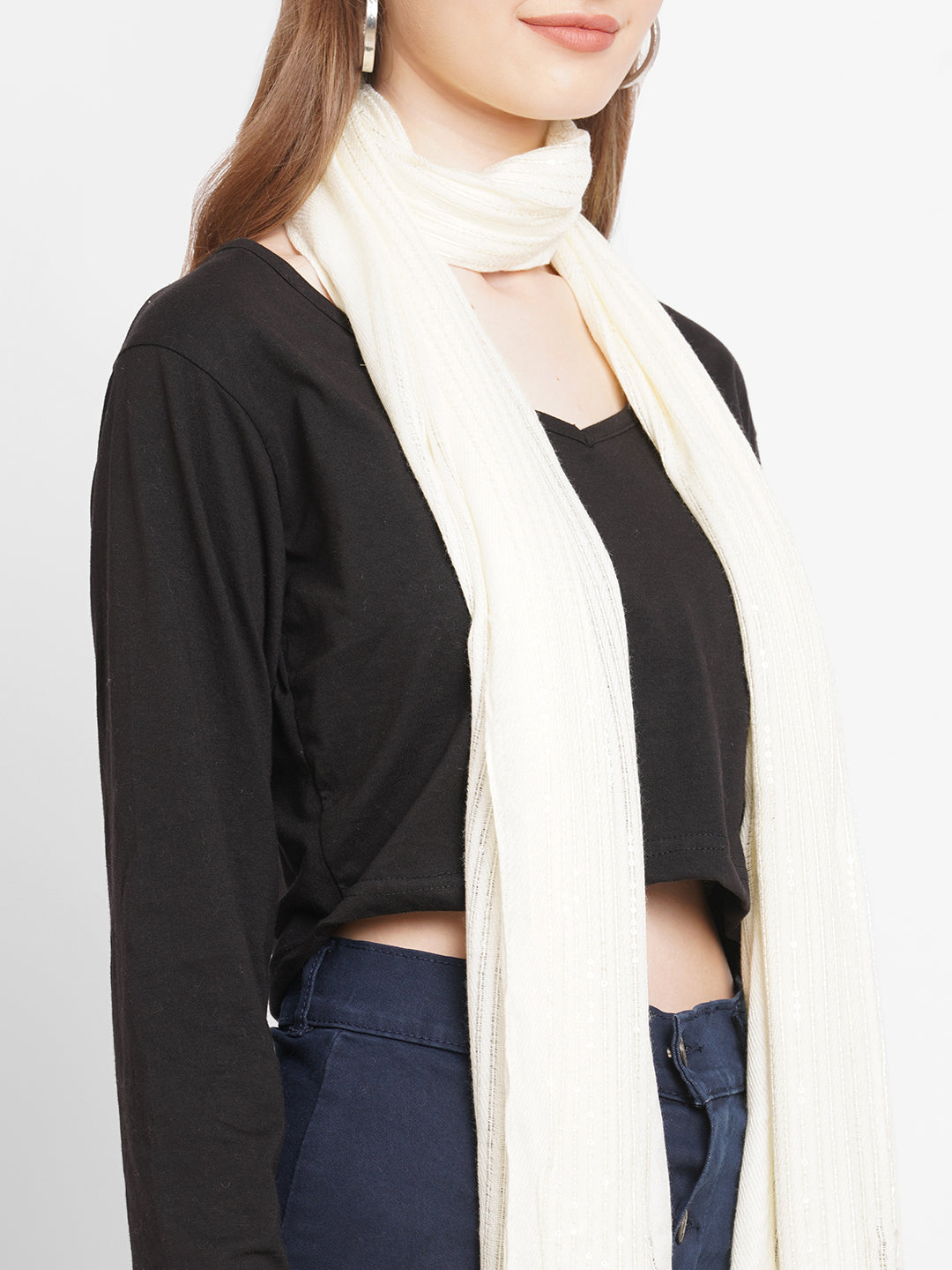 White Solid Sequins Printed Scarf