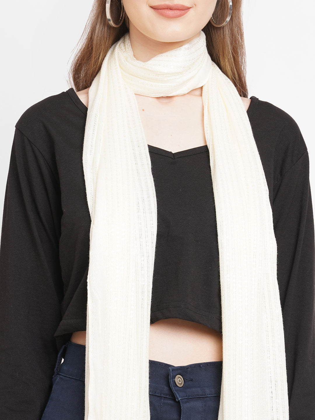 White Solid Sequins Printed Scarf