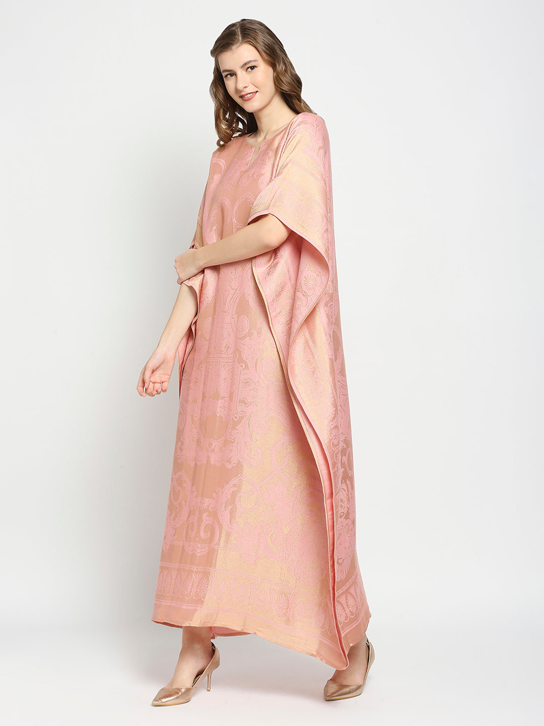 Pink & Gold Motif Designed Long Brocade Kaftan