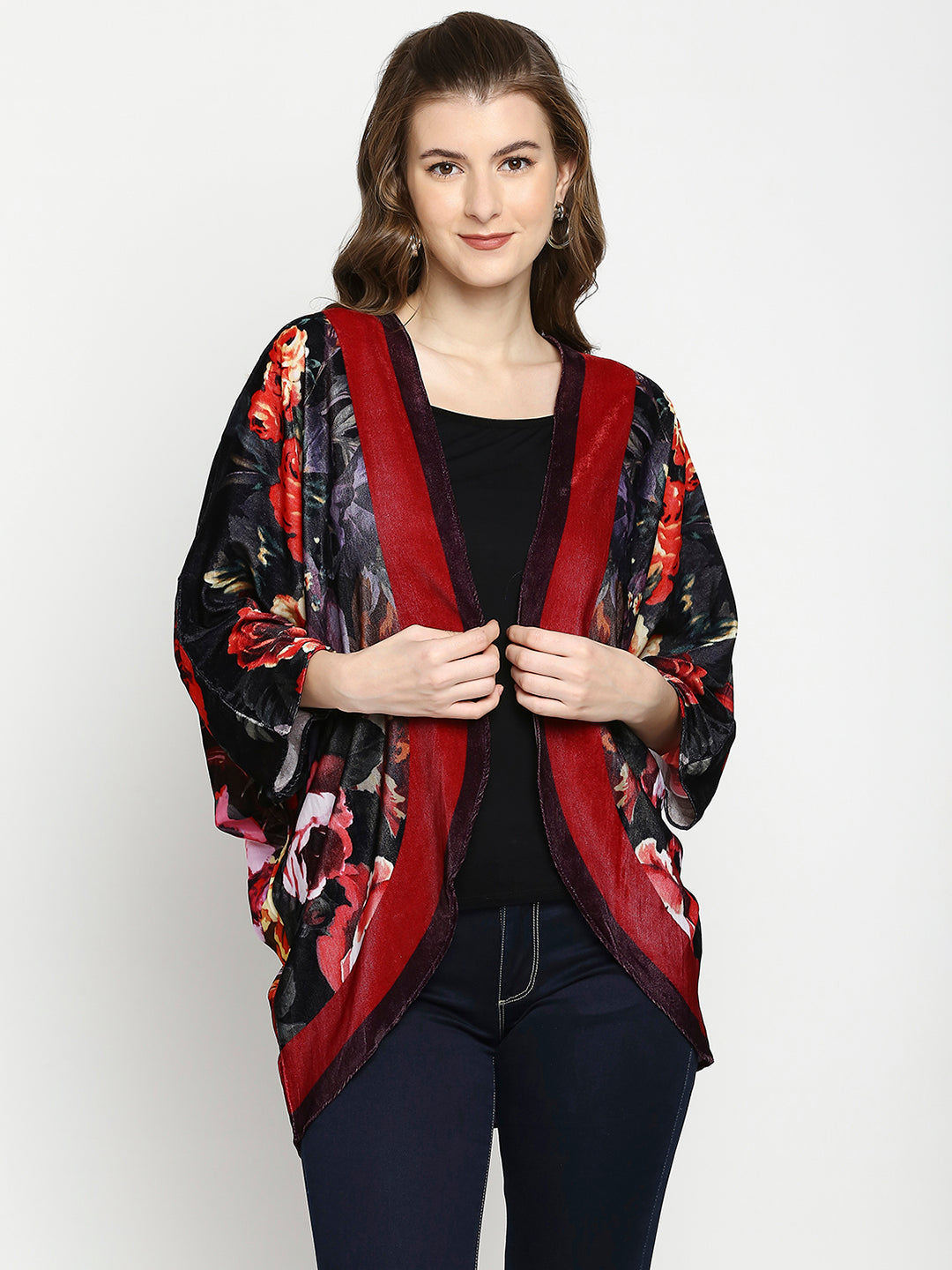 Red & Black Flower Printed Velvet Cocoon Jacket