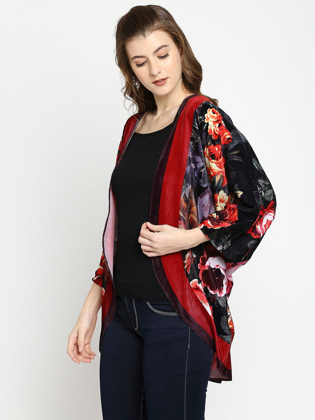 Red & Black Flower Printed Velvet Cocoon Jacket