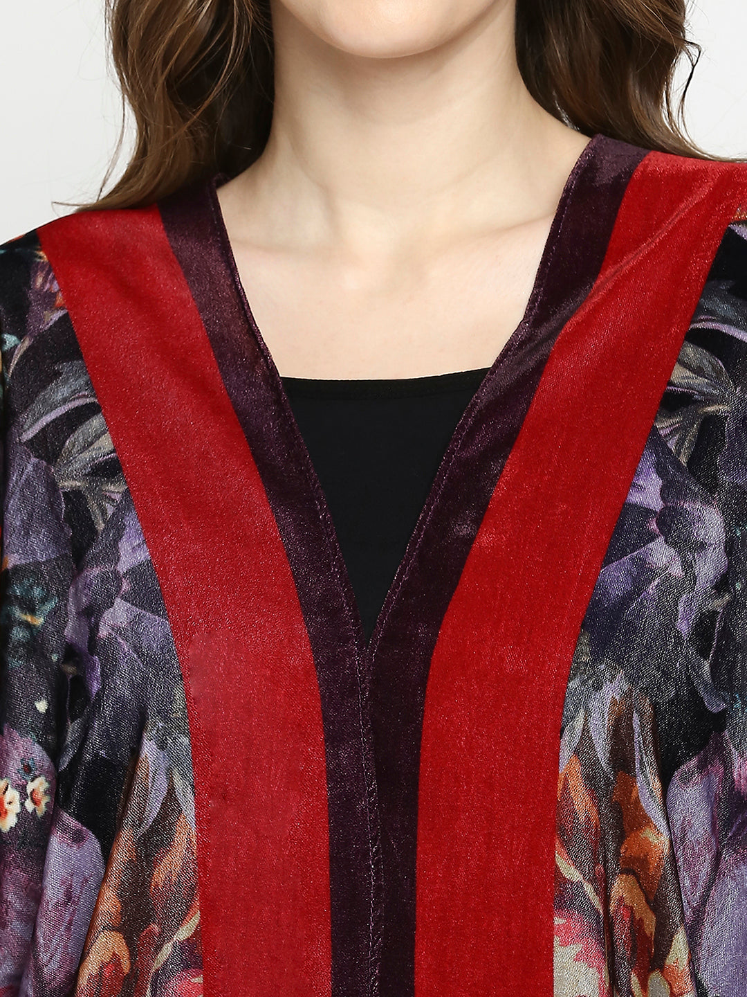 Red & Black Flower Printed Velvet Cocoon Jacket