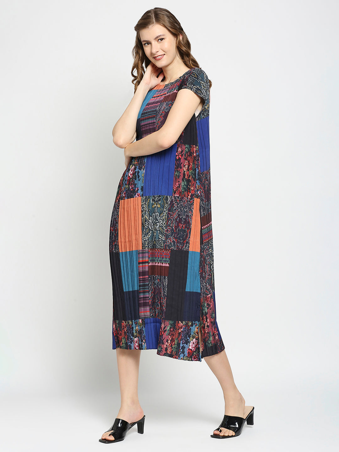 Multicolor Patchwork Printed Pleated Dress