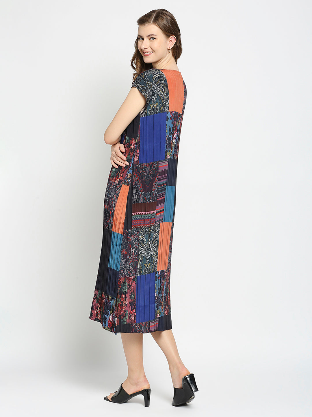 Multicolor Patchwork Printed Pleated Dress