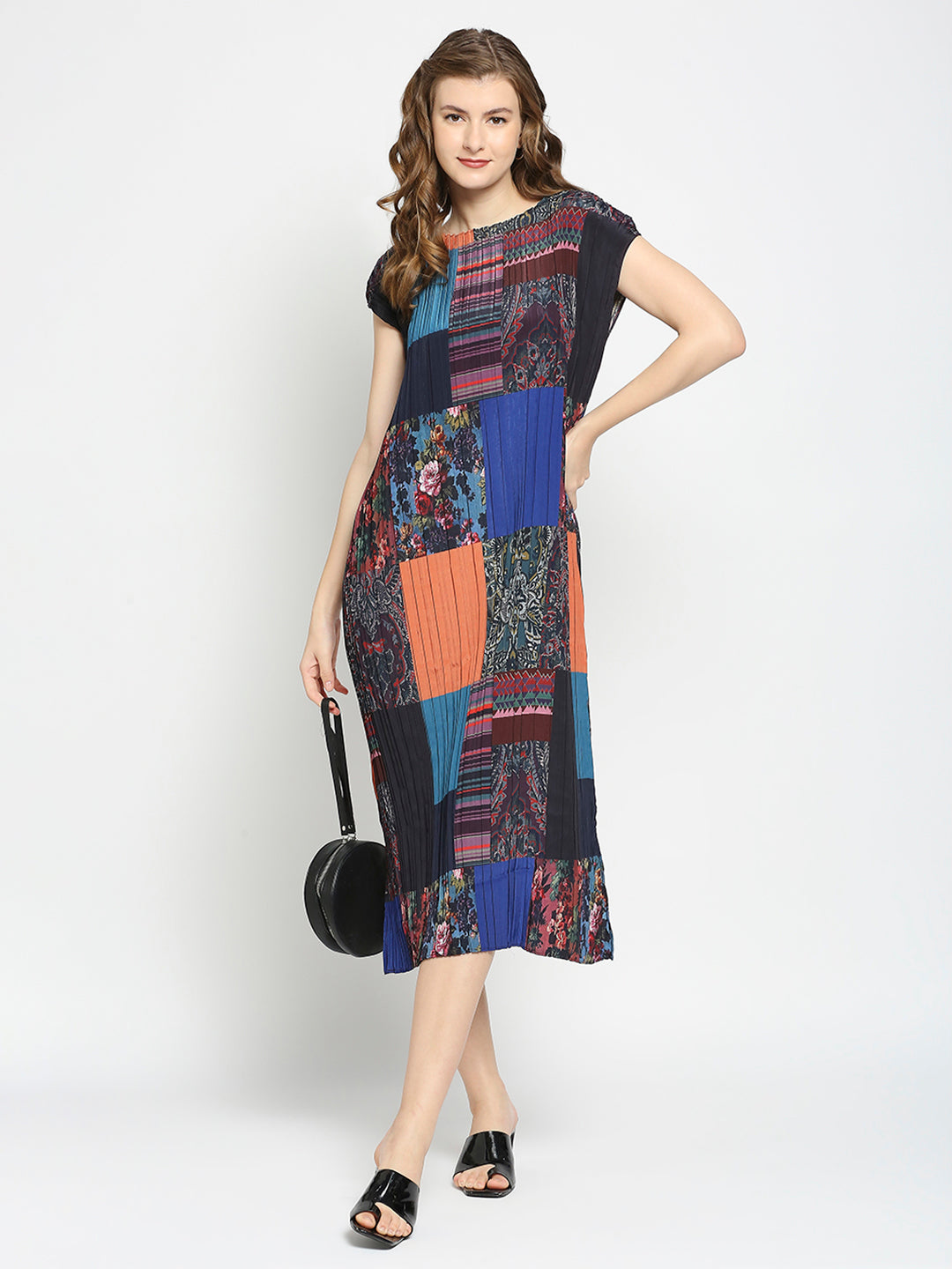 Multicolor Patchwork Printed Pleated Dress