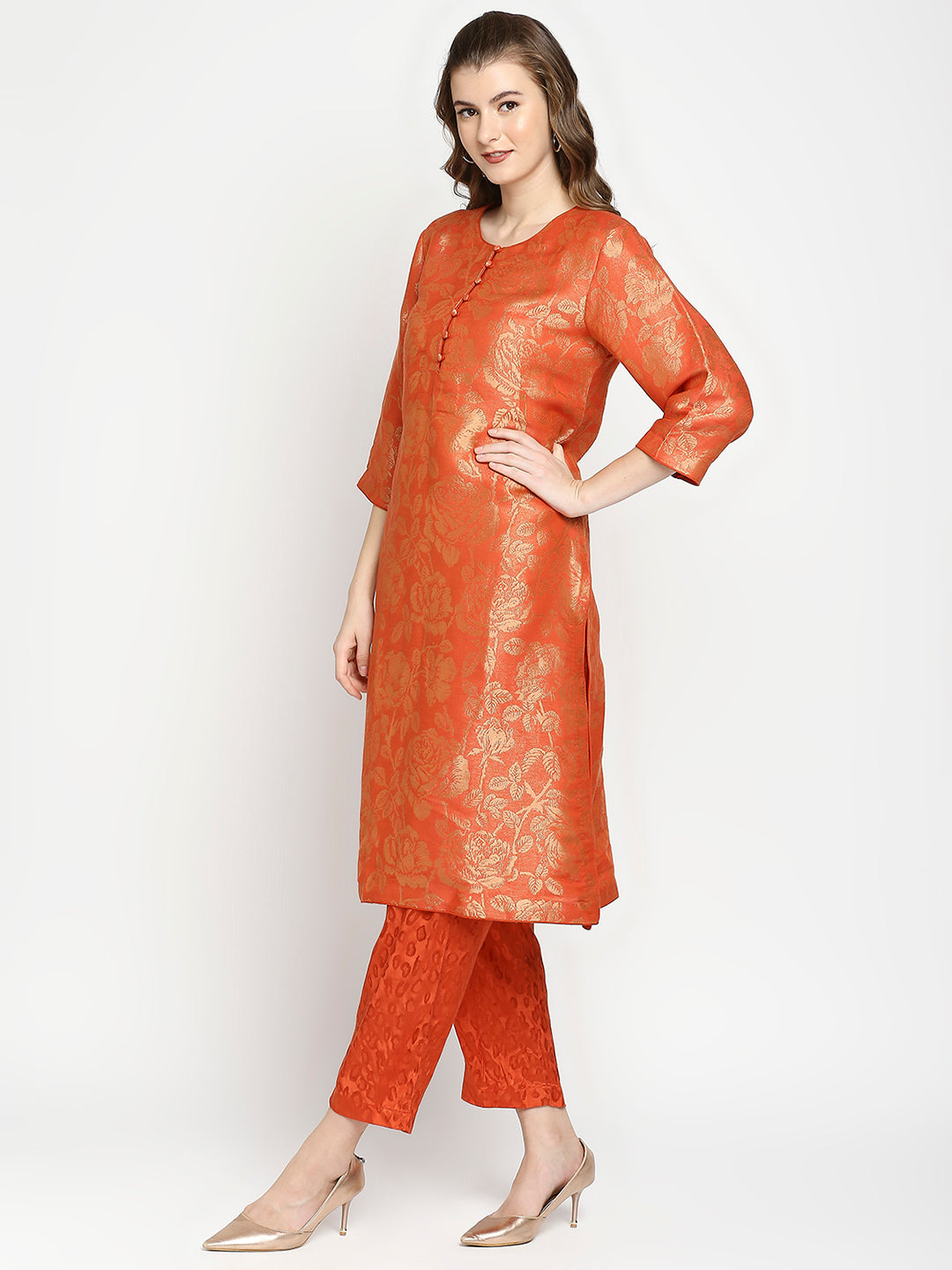 Orange Rose & Petal Design Brocade Kurta