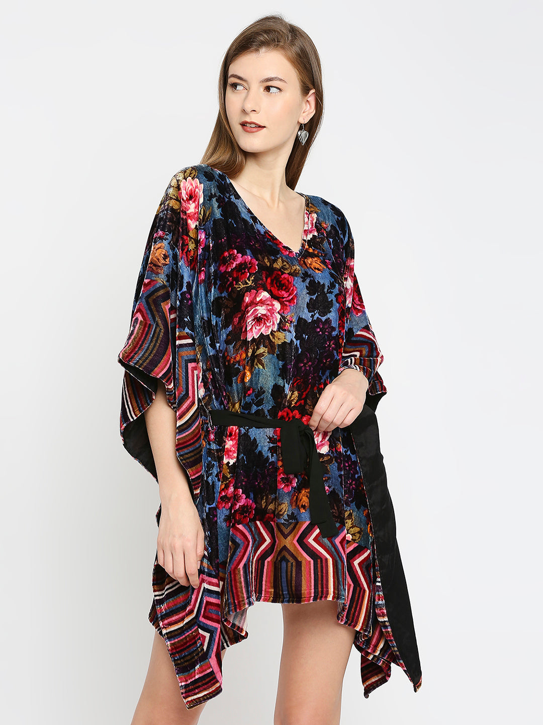 Velvet Flower Printed Blue Kaftan
