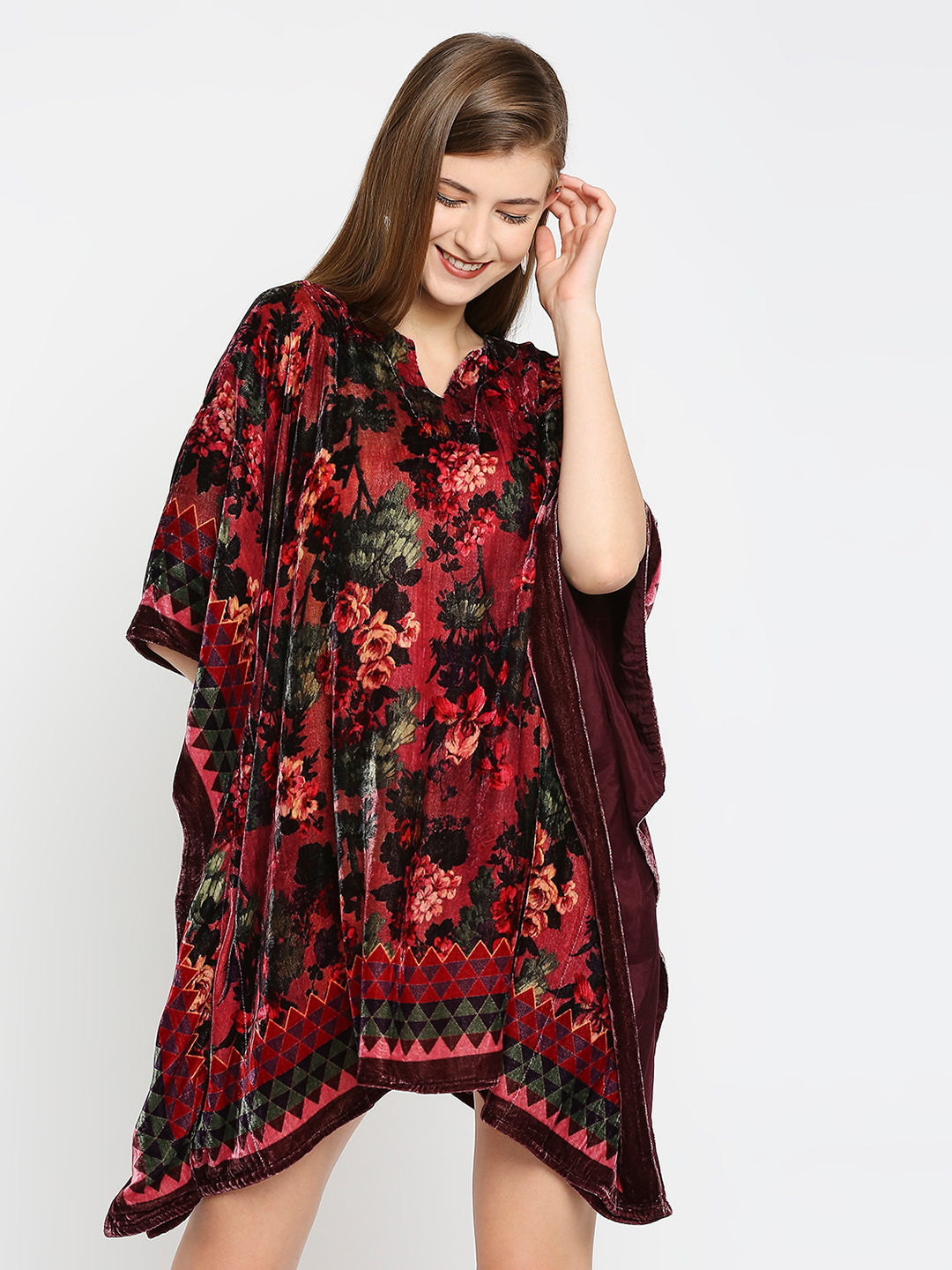 Velvet Flower Printed Multicolored Kaftan