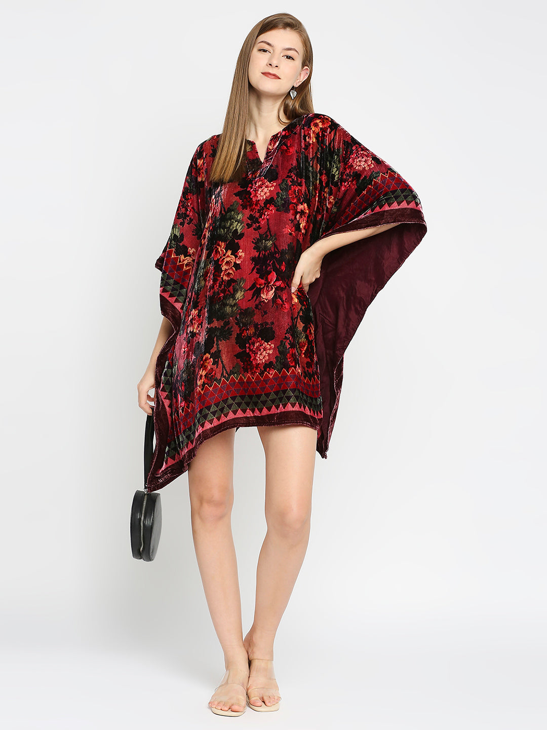 Velvet Flower Printed Multicolored Kaftan