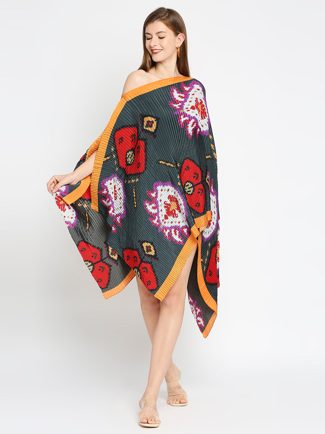 Yellow Border Ikat Printed Off Shoulder Pleated Poncho