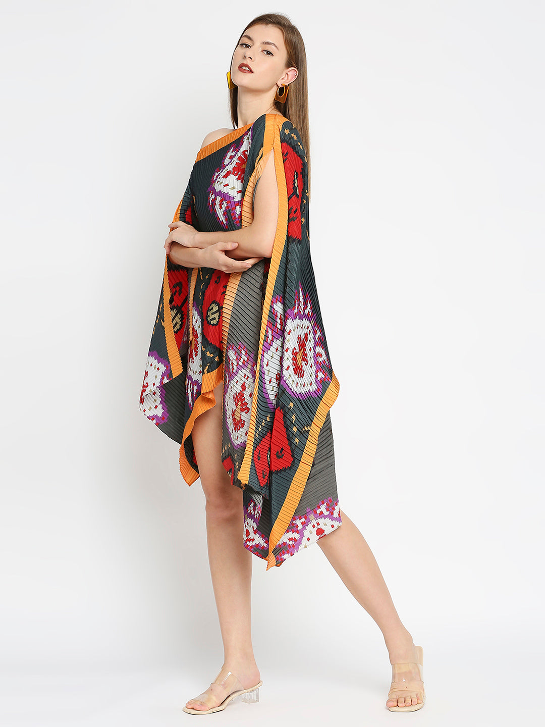 Yellow Border Ikat Printed Off Shoulder Pleated Poncho