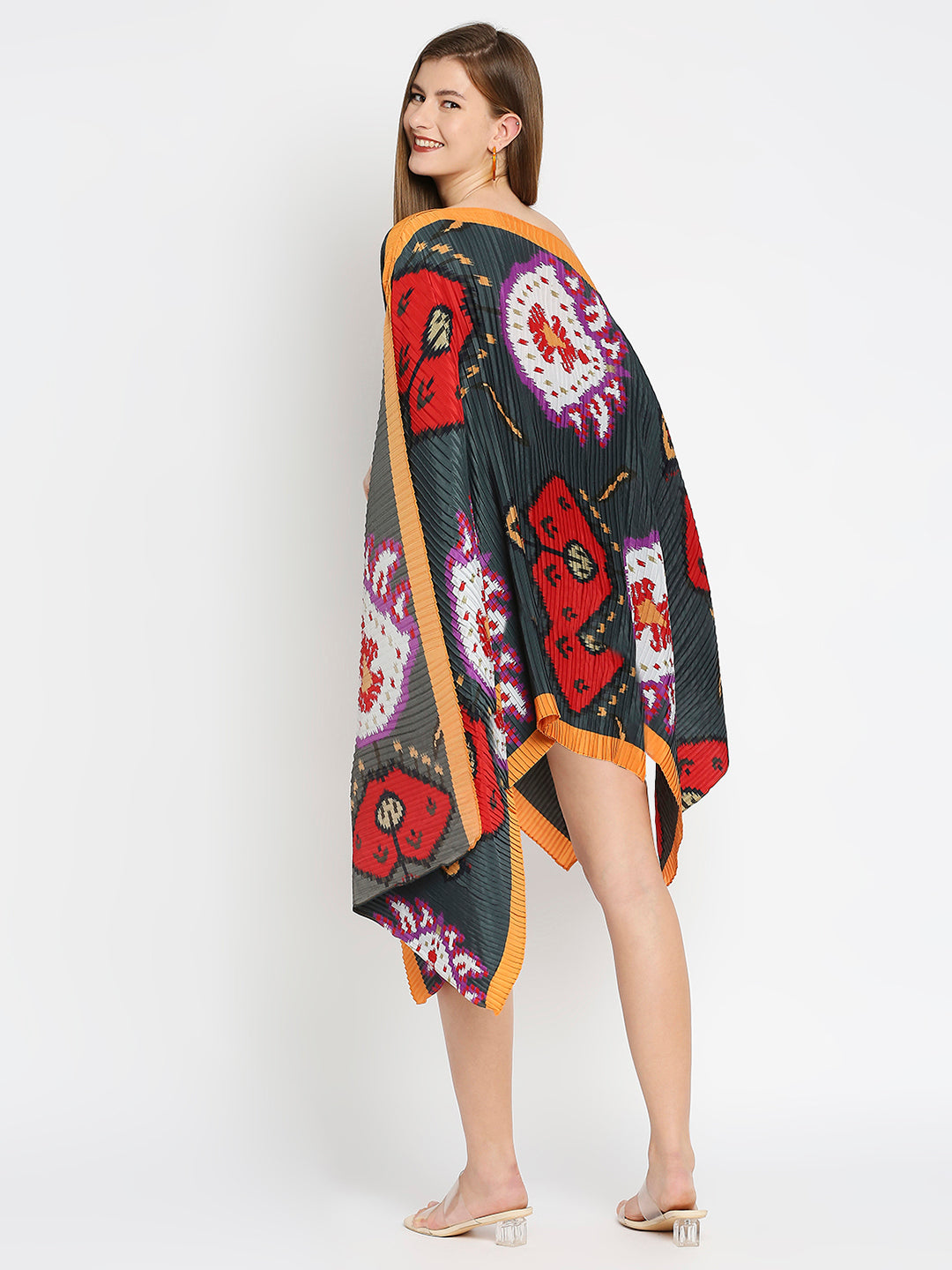 Yellow Border Ikat Printed Off Shoulder Pleated Poncho