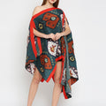 Green with Red Border Ikat Printed Off Shoulder Pleated Poncho