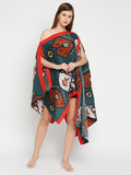 Green with Red Border Ikat Printed Off Shoulder Pleated Poncho