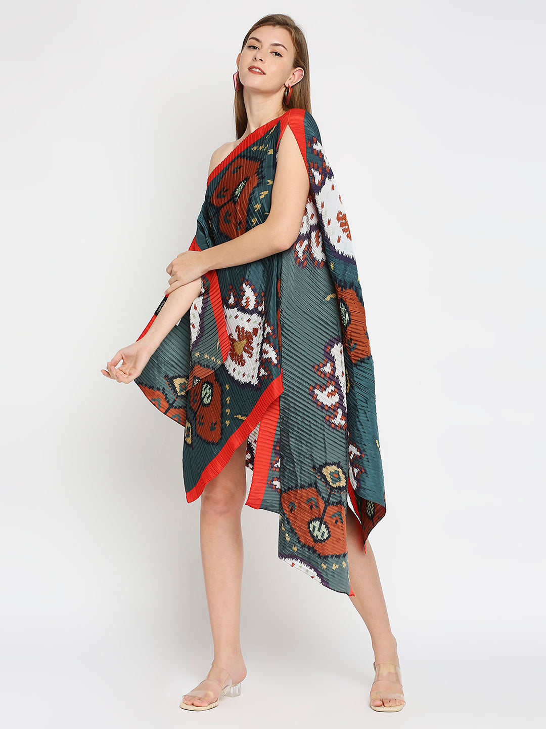 Green with Red Border Ikat Printed Off Shoulder Pleated Poncho