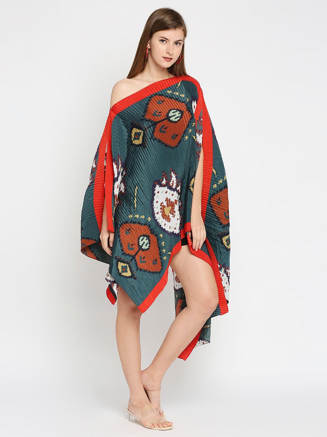 Green with Red Border Ikat Printed Off Shoulder Pleated Poncho