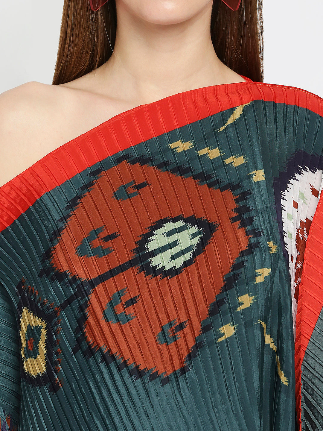 Green with Red Border Ikat Printed Off Shoulder Pleated Poncho