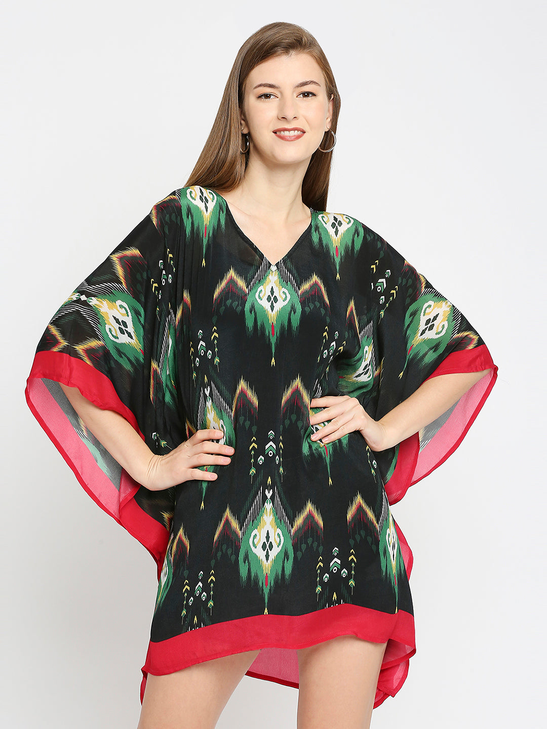 Ikat Printed Green Short Kaftan