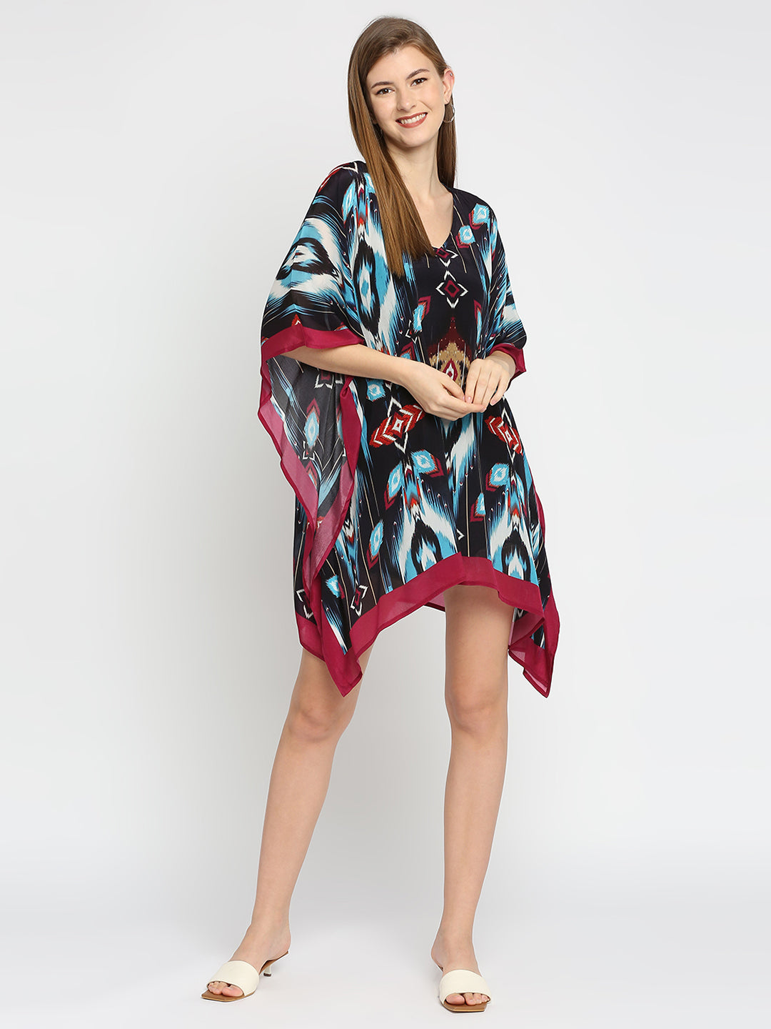 Blue & Pink Ikat Printed Short Kaftan