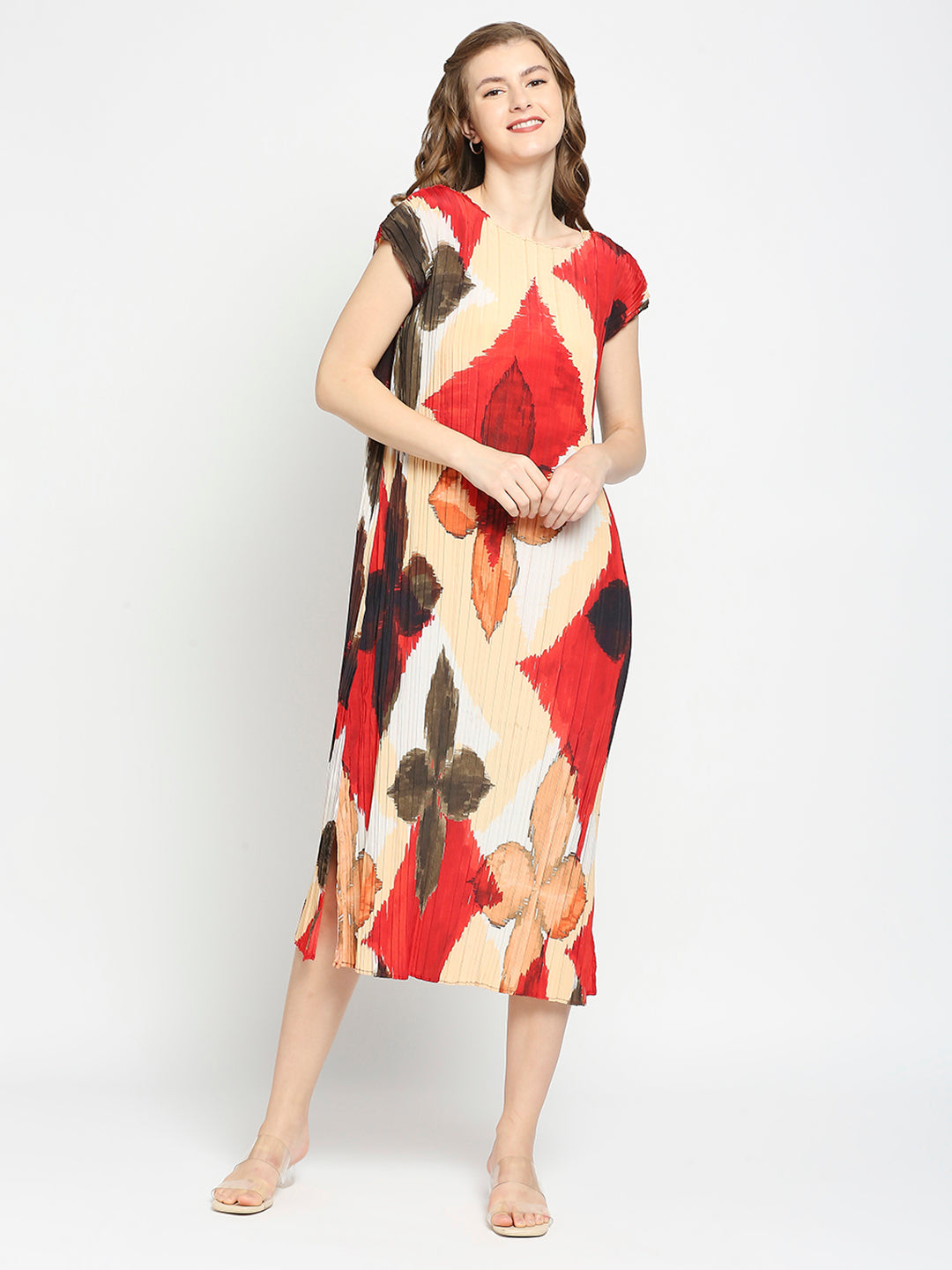 Beige Self -Designed Pleated Dress
