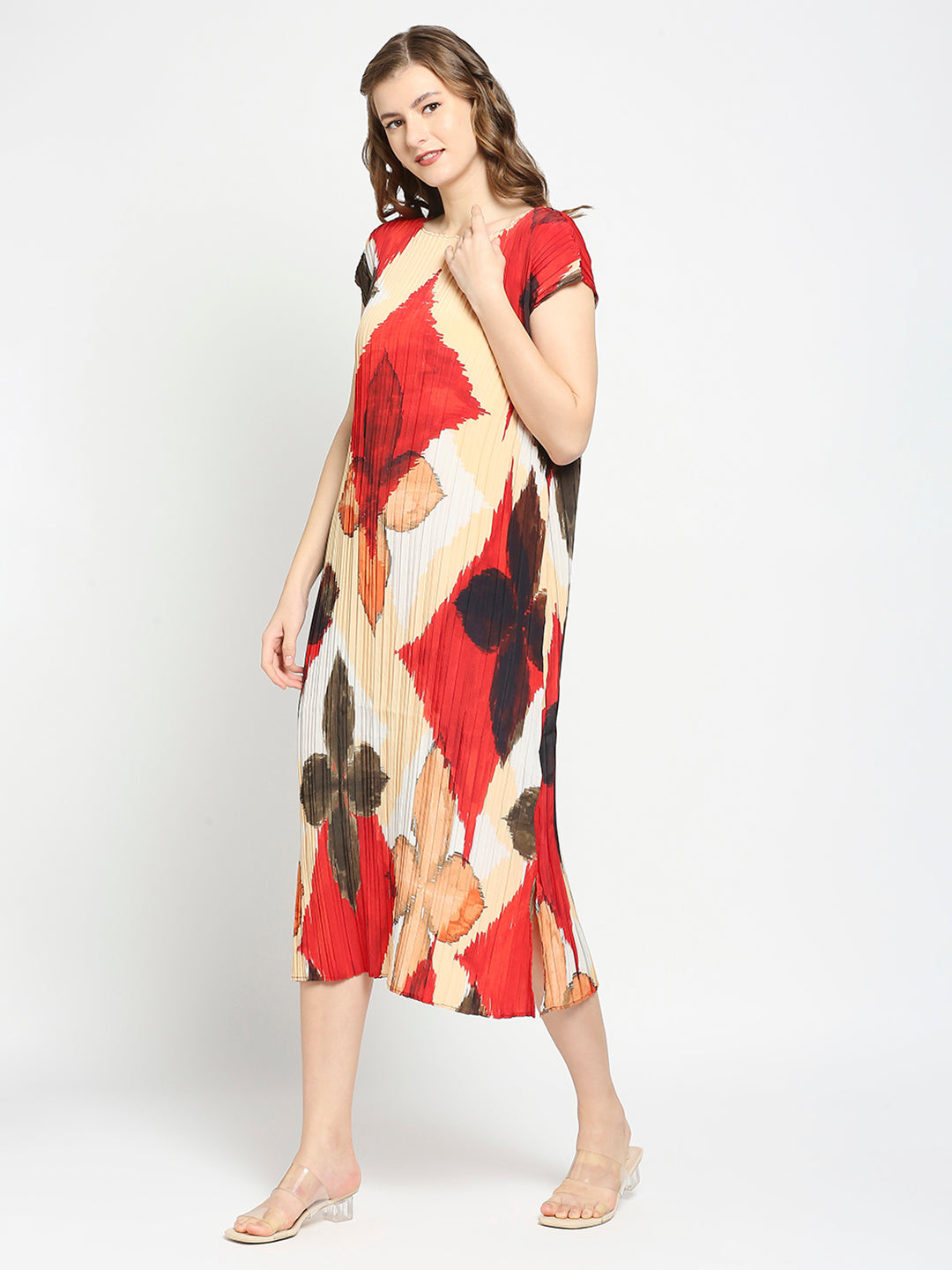 Beige Self -Designed Pleated Dress