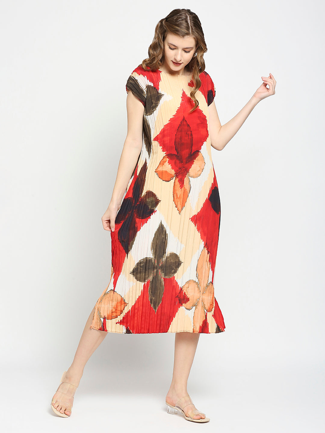 Beige Self -Designed Pleated Dress