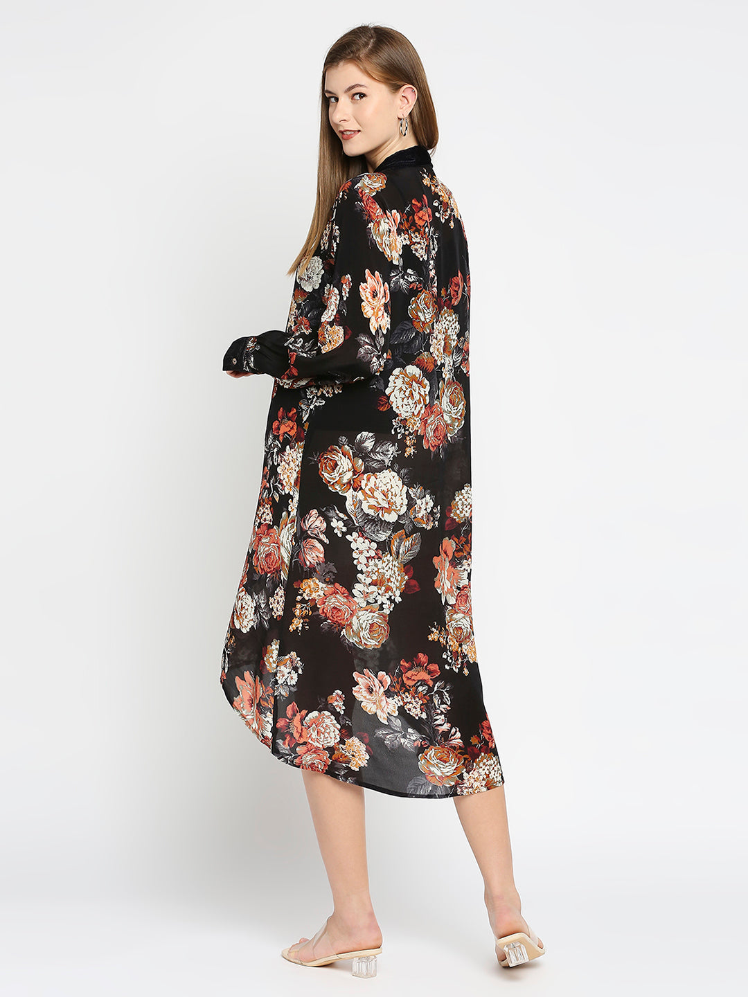 Black Floral Printed Button up Dress