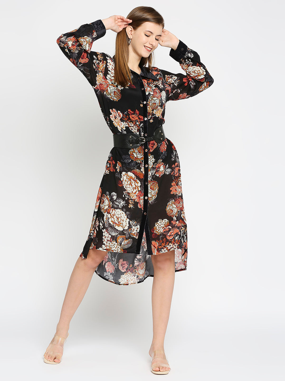 Black Floral Printed Button up Dress