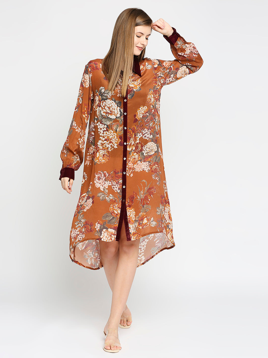 Mustard Floral Printed Button up Dress